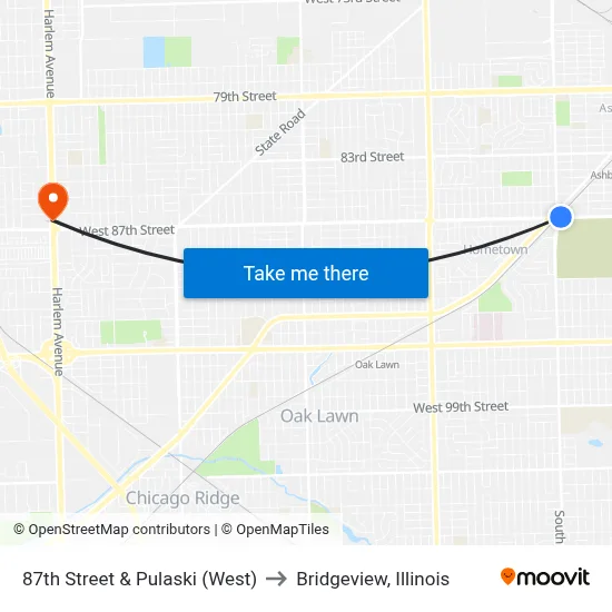 87th Street & Pulaski (West) to Bridgeview, Illinois map