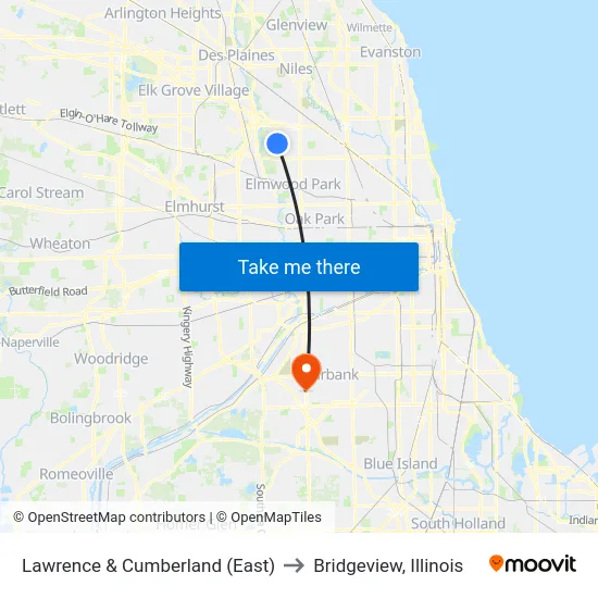 Lawrence & Cumberland (East) to Bridgeview, Illinois map