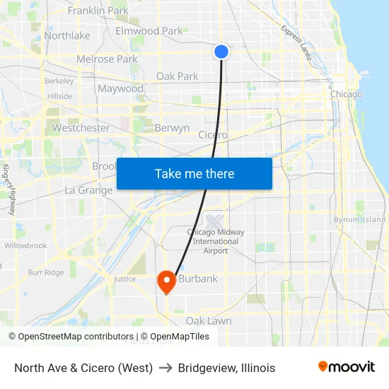 North Ave & Cicero (West) to Bridgeview, Illinois map