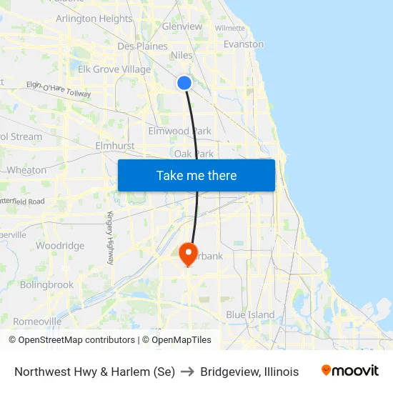 Northwest Hwy & Harlem (Se) to Bridgeview, Illinois map