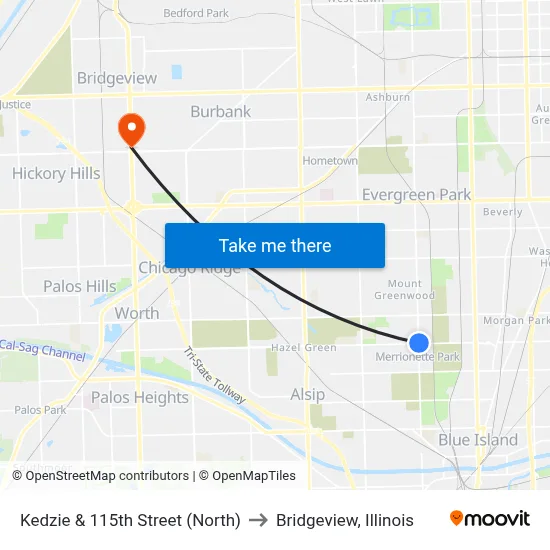 Kedzie & 115th Street (North) to Bridgeview, Illinois map