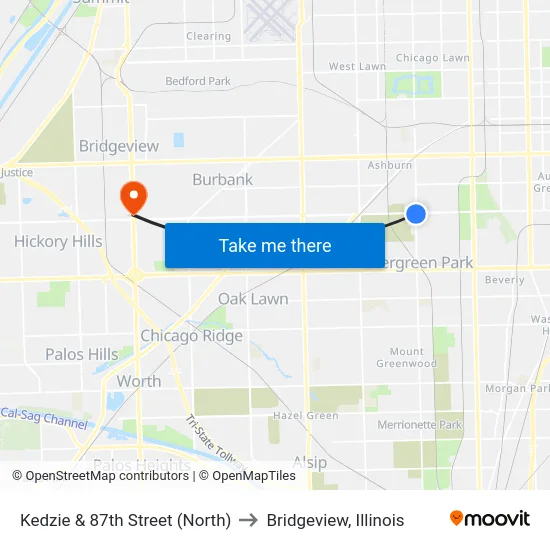 Kedzie & 87th Street (North) to Bridgeview, Illinois map