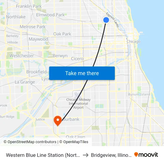 Western Blue Line Station (North) to Bridgeview, Illinois map
