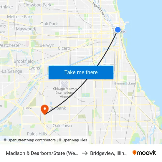 Madison & Dearborn/State (West) to Bridgeview, Illinois map