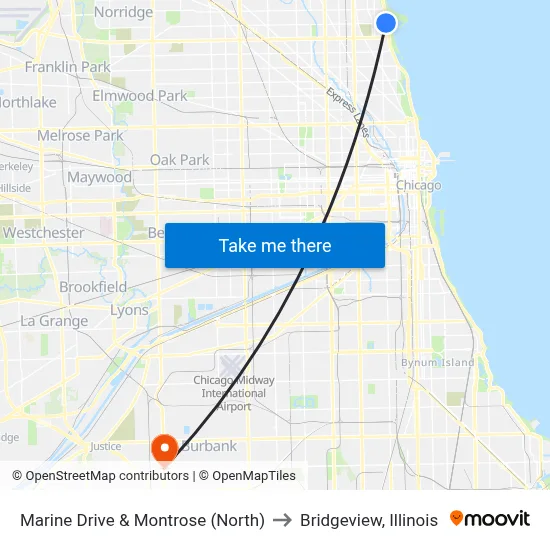 Marine Drive & Montrose (North) to Bridgeview, Illinois map