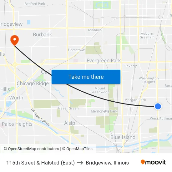 115th Street & Halsted (East) to Bridgeview, Illinois map