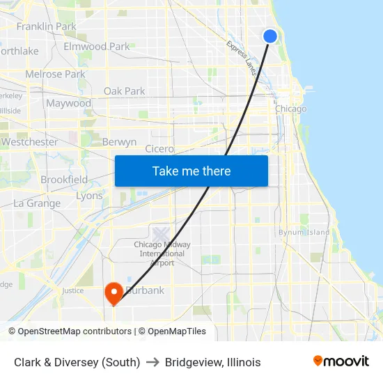 Clark & Diversey (South) to Bridgeview, Illinois map