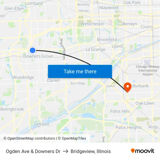 Ogden Ave & Downers Dr to Bridgeview, Illinois map