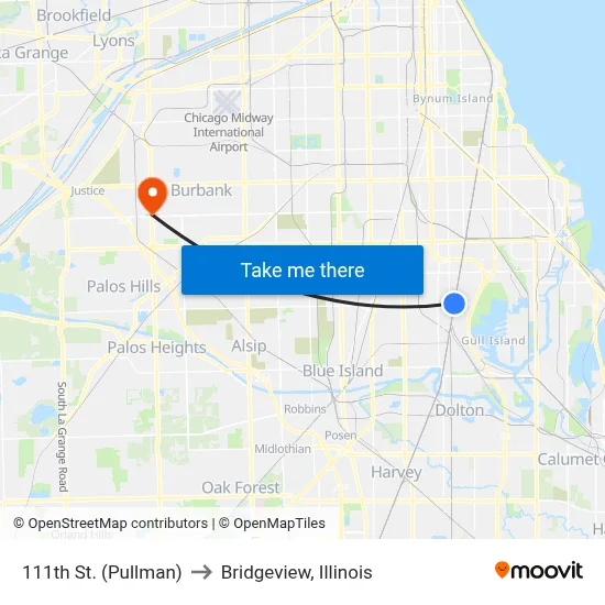 111th St. (Pullman) to Bridgeview, Illinois map