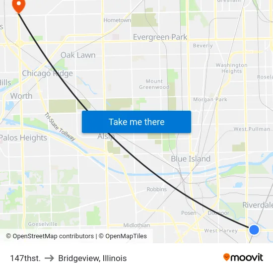 147thst. to Bridgeview, Illinois map