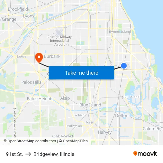 91st St. to Bridgeview, Illinois map