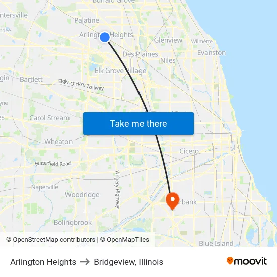 Arlington Heights to Bridgeview, Illinois map
