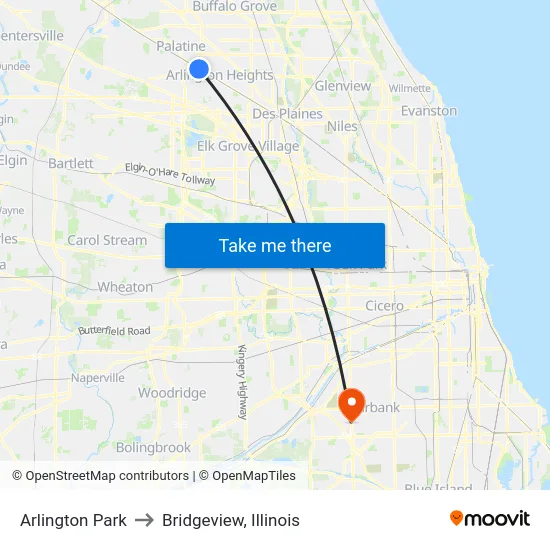 Arlington Park to Bridgeview, Illinois map