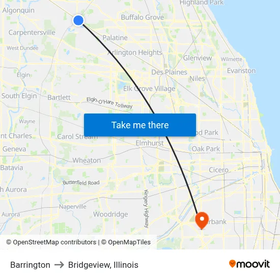 Barrington to Bridgeview, Illinois map
