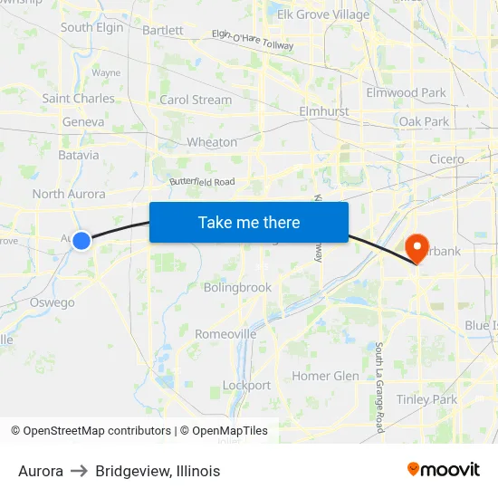 Aurora to Bridgeview, Illinois map