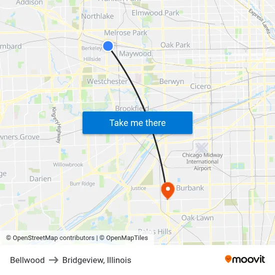 Bellwood to Bridgeview, Illinois map