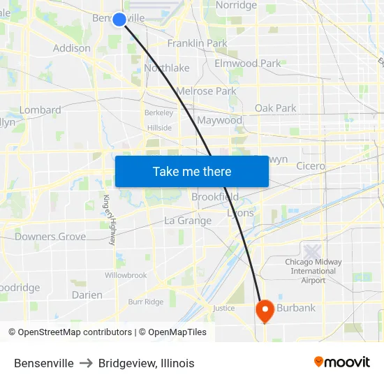 Bensenville to Bridgeview, Illinois map