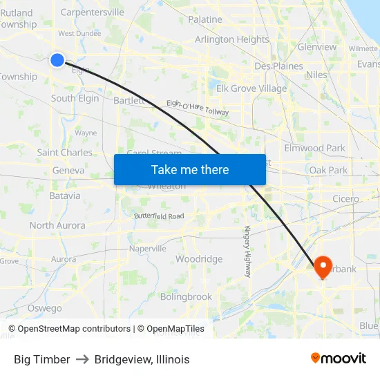 Big Timber to Bridgeview, Illinois map