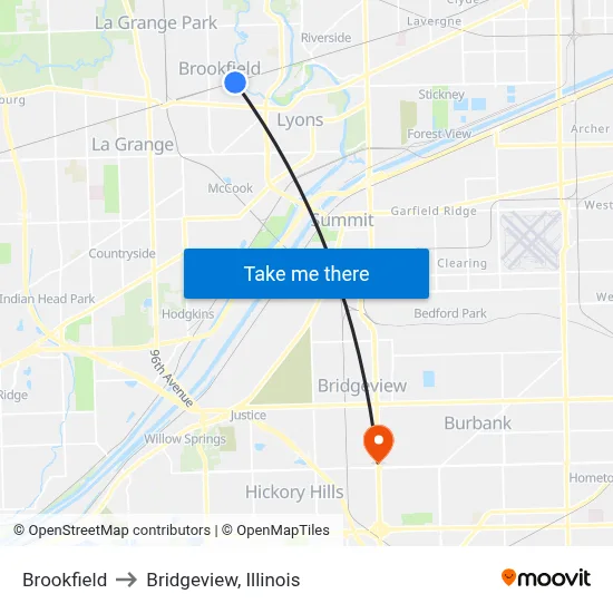 Brookfield to Bridgeview, Illinois map
