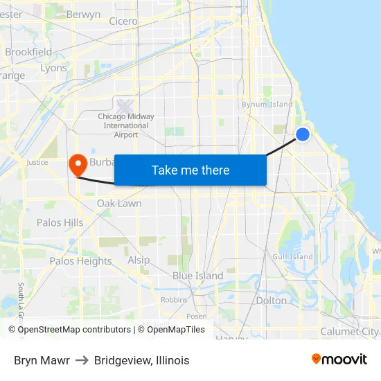 Bryn Mawr to Bridgeview, Illinois map