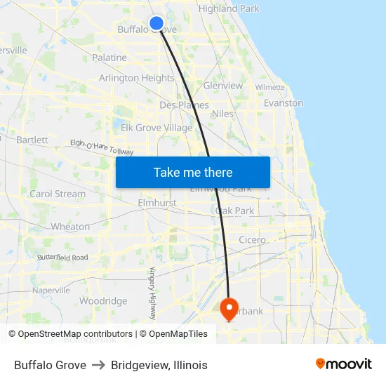Buffalo Grove to Bridgeview, Illinois map
