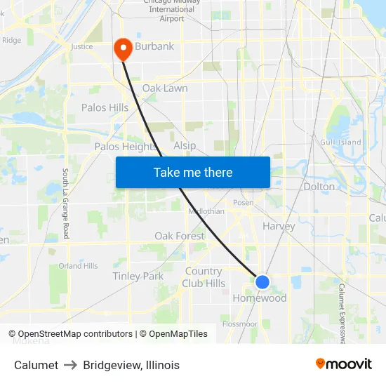 Calumet to Bridgeview, Illinois map
