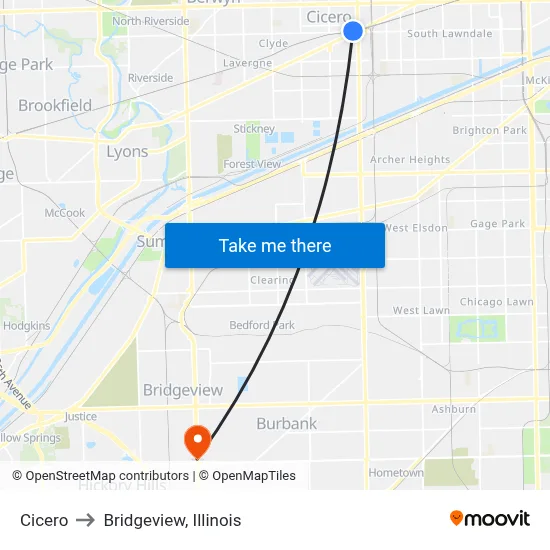Cicero to Bridgeview, Illinois map