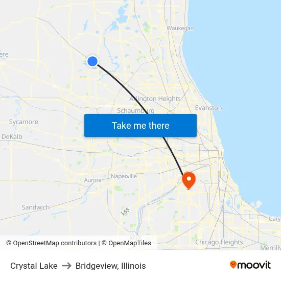 Crystal Lake to Bridgeview, Illinois map