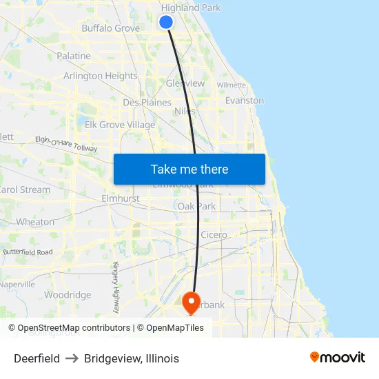 Deerfield to Bridgeview, Illinois map