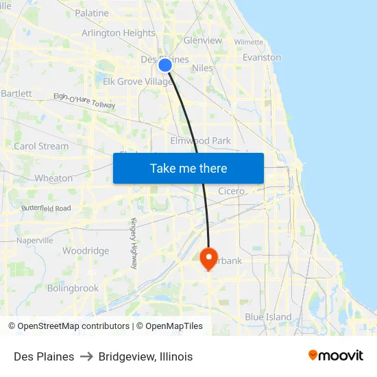 Des Plaines to Bridgeview, Illinois map