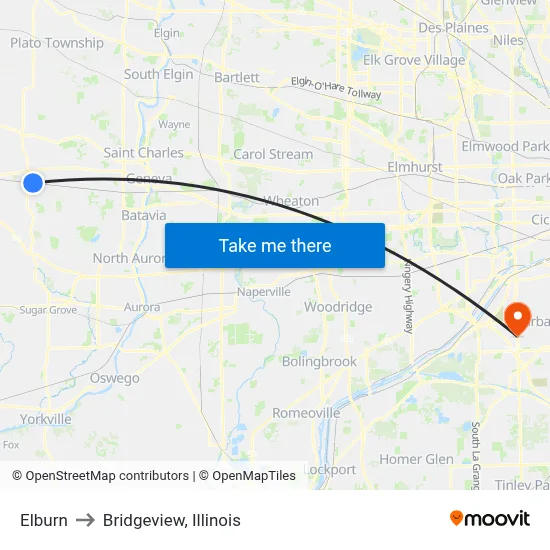 Elburn to Bridgeview, Illinois map