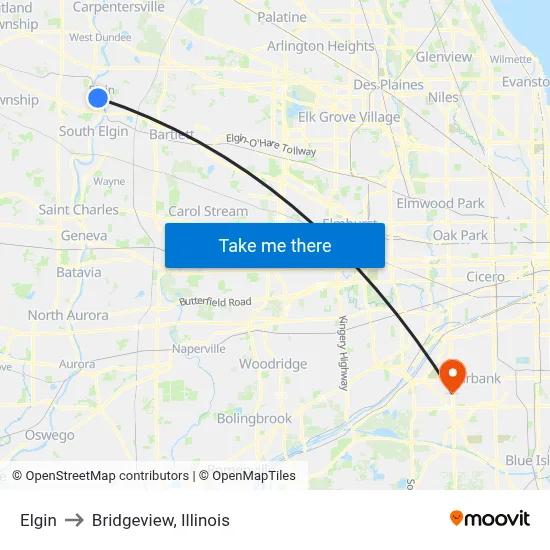 Elgin to Bridgeview, Illinois map