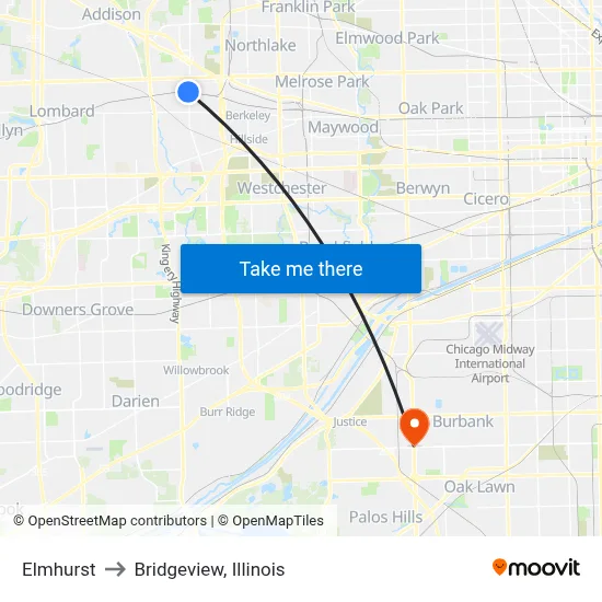 Elmhurst to Bridgeview, Illinois map