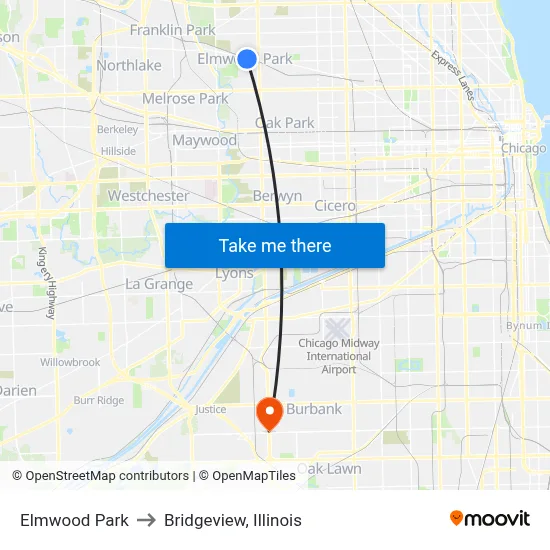 Elmwood Park to Bridgeview, Illinois map