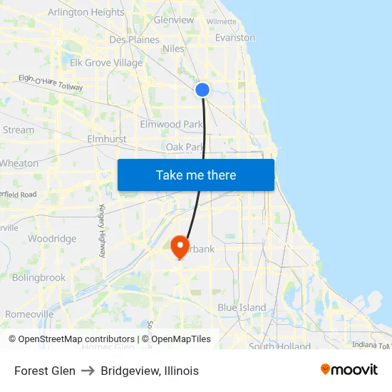 Forest Glen to Bridgeview, Illinois map
