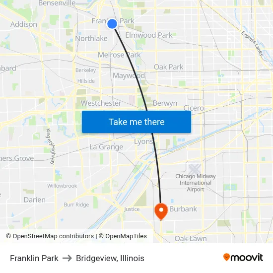 Franklin Park to Bridgeview, Illinois map