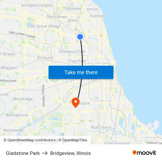Gladstone Park to Bridgeview, Illinois map