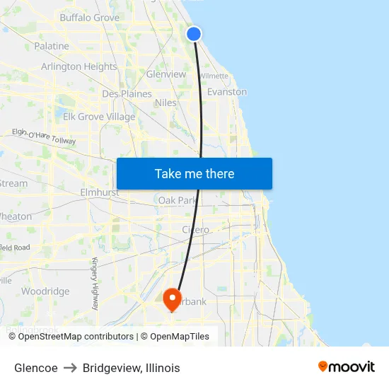 Glencoe to Bridgeview, Illinois map