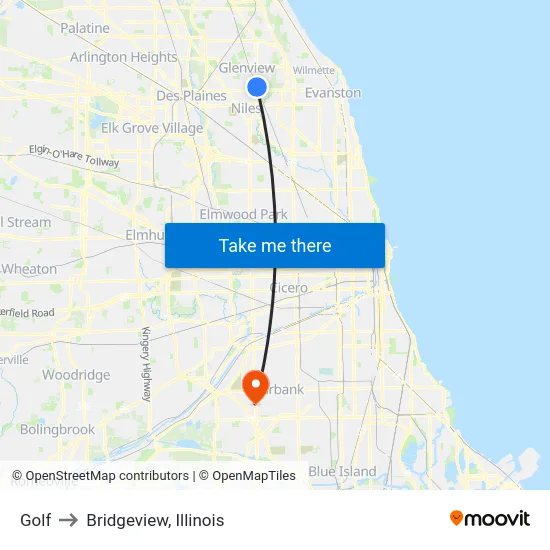 Golf to Bridgeview, Illinois map
