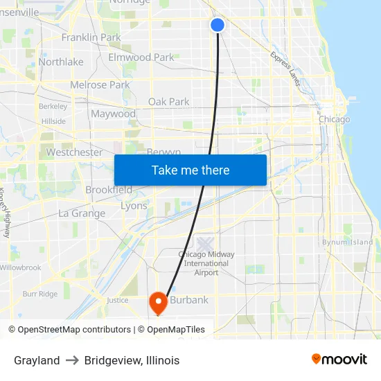 Grayland to Bridgeview, Illinois map