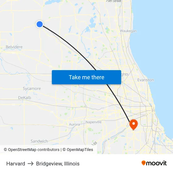 Harvard to Bridgeview, Illinois map