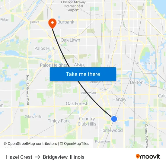 Hazel Crest to Bridgeview, Illinois map