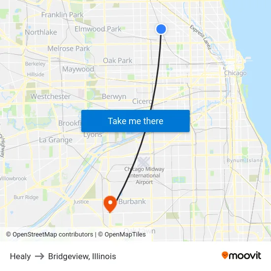 Healy to Bridgeview, Illinois map