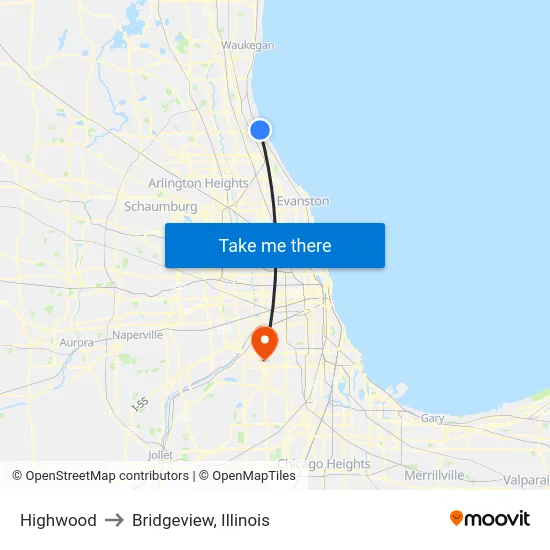 Highwood to Bridgeview, Illinois map