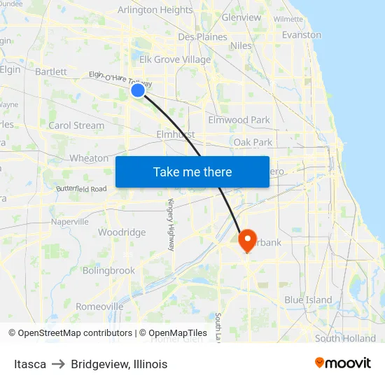 Itasca to Bridgeview, Illinois map