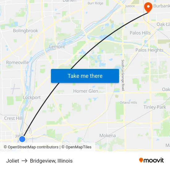 Joliet to Bridgeview, Illinois map