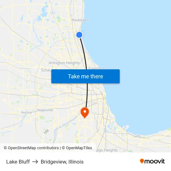 Lake Bluff to Bridgeview, Illinois map
