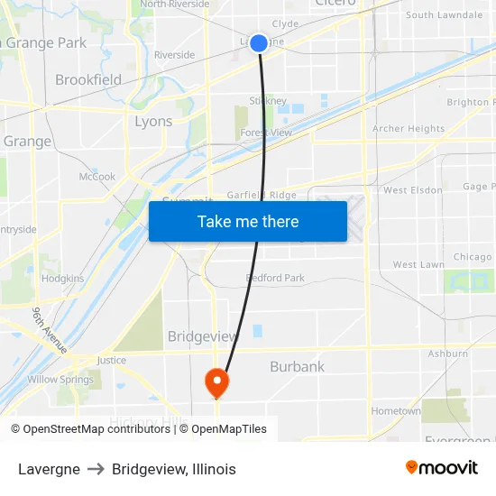 Lavergne to Bridgeview, Illinois map