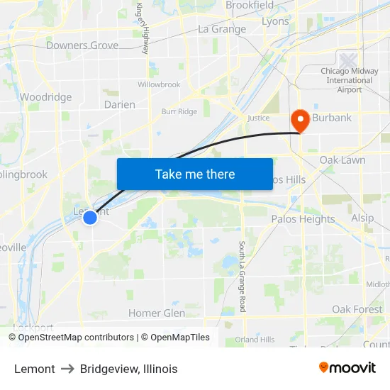 Lemont to Bridgeview, Illinois map