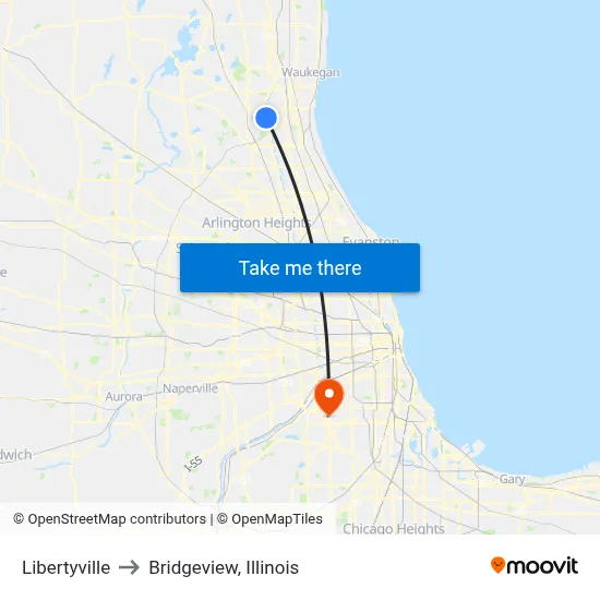 Libertyville to Bridgeview, Illinois map